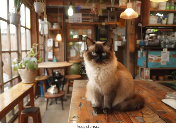 A fluffy cat sitting on a wooden table in a cafe