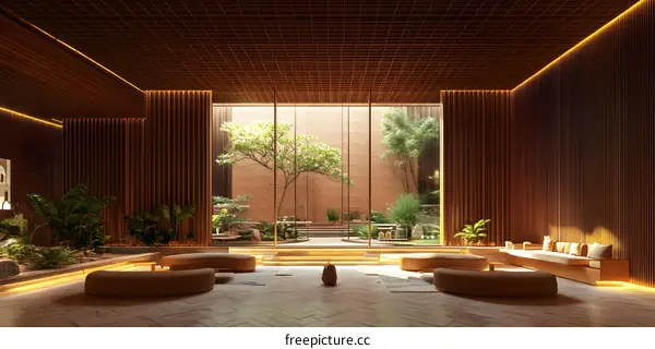 Minimalist Zen Garden Interior Design With Wooden Walls and a Large Window