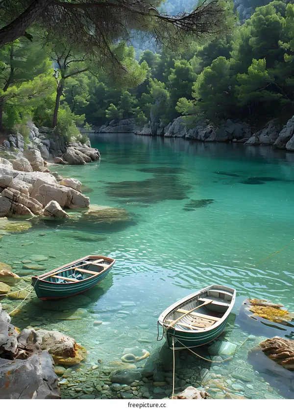 Two wooden boats on the water near the rocky shore