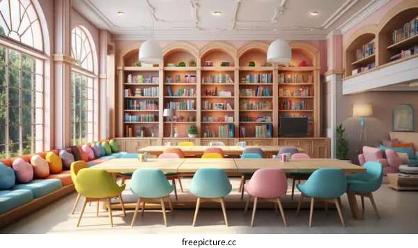 Modern Library Interior with Pastel Colors and Colorful Chairs