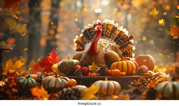 Thanksgiving dinner with roasted turkey, pumpkins, gourds, and fall leaves.