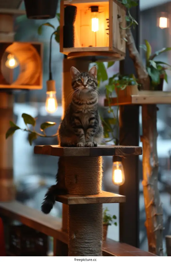 A cute tabby cat sitting on a wooden cat tree looking at the camera