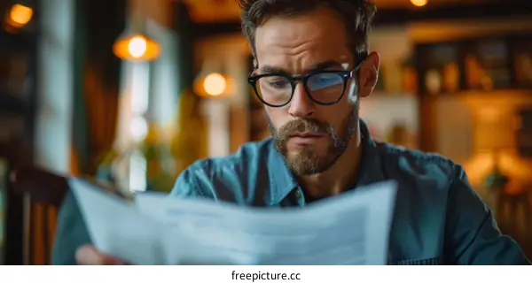 A man is reading a document in a cafe.