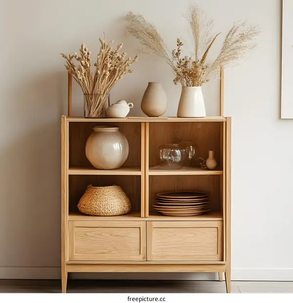 Wooden Cabinet with Dried Flowers and Decorative Items