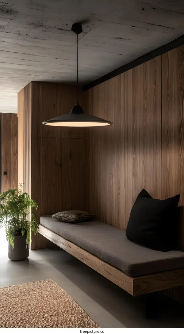 Modern Minimalist Interior Design With Wooden Wall Panels And A Bench