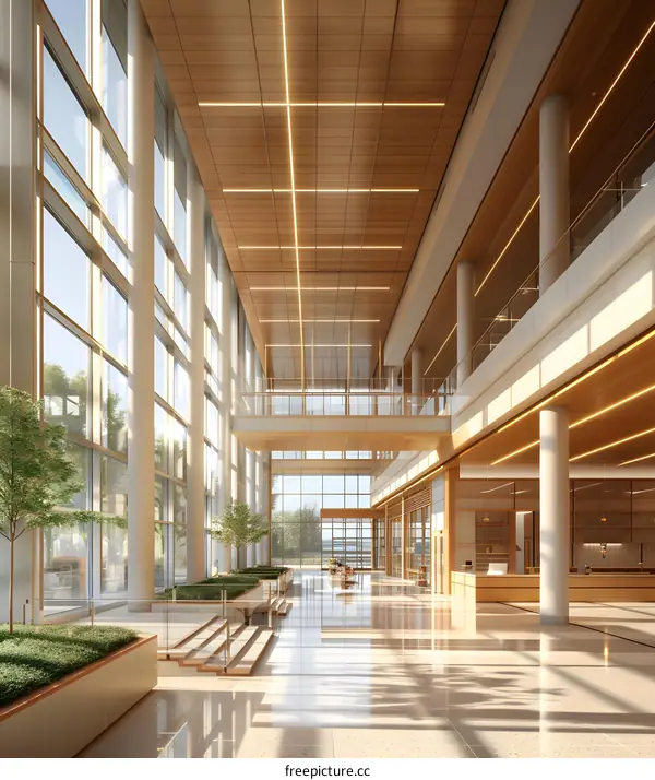 Modern Architecture Lobby with Wooden Ceiling and Large Windows