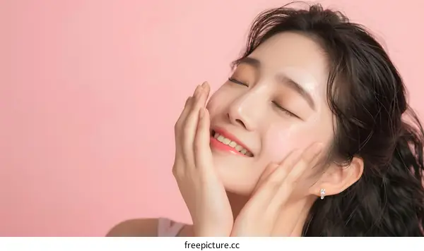 Beautiful Woman With Facial Mask On Pink Background