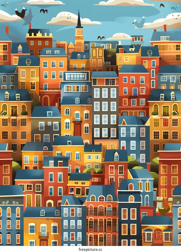 Colorful Illustration of European Cityscape with Birds Flying