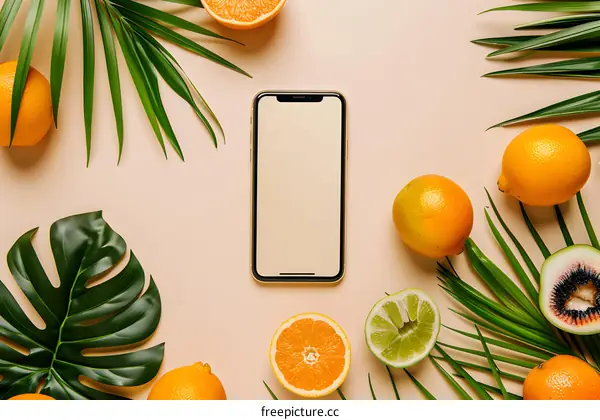 Tropical Summer Flat Lay with Smartphone and Fruits