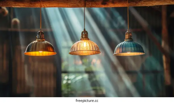 Three vintage hanging lamps with warm light in a retro interior