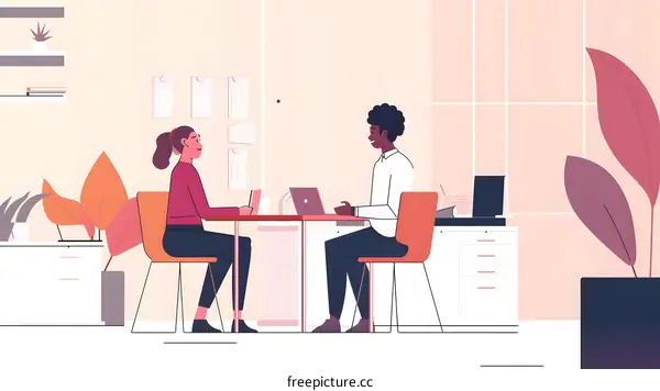 Two Businesspeople Meeting At Desk With Laptops