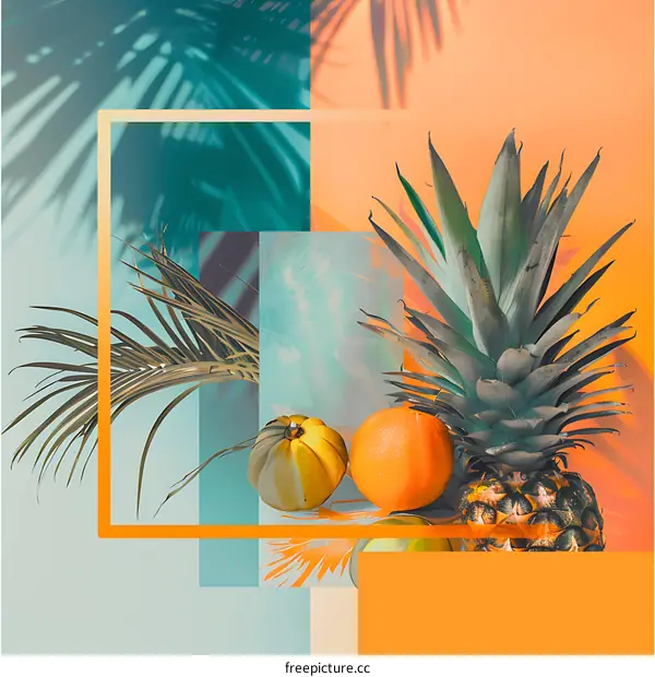 Tropical Fruit Collage With Palm Leaves