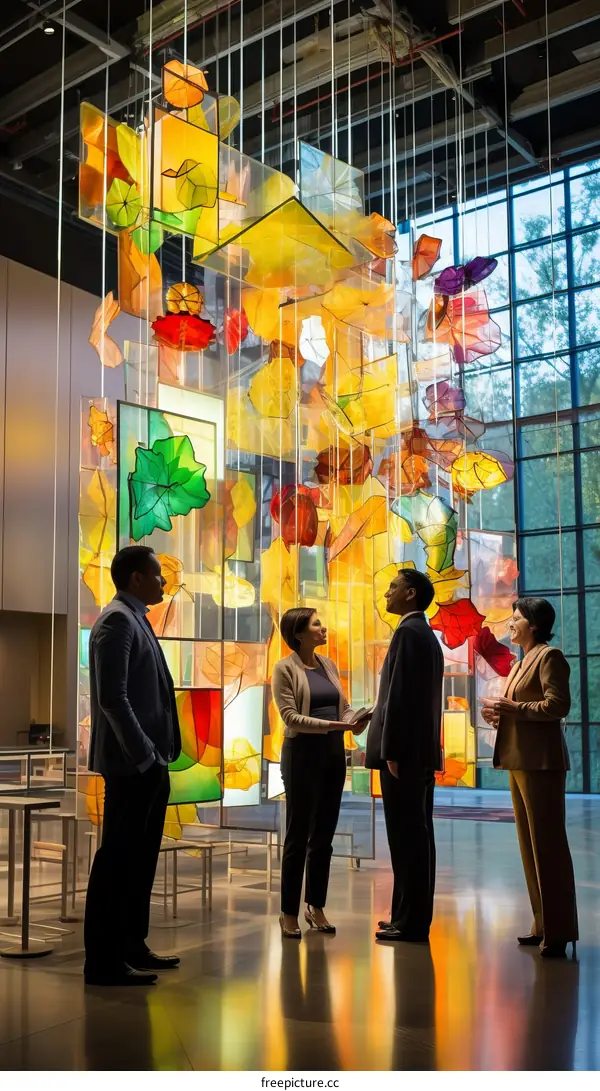Four people of various ethnicities stand in front of a colorful glass sculpture