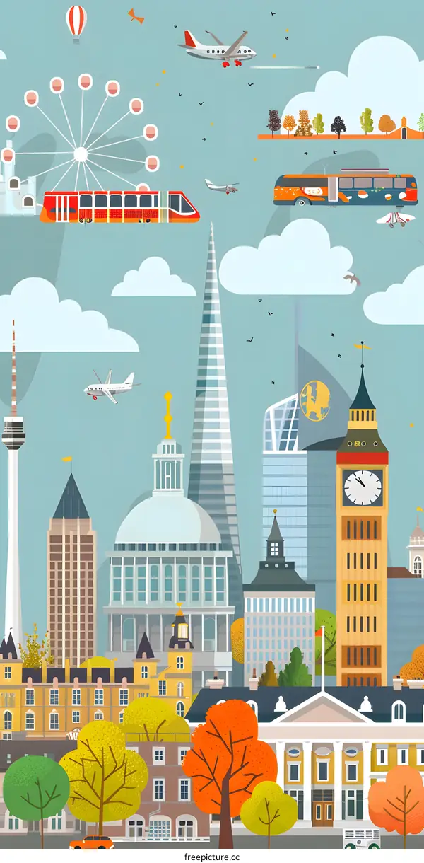 London Skyline with Famous Landmarks and Transportation