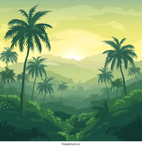 Tropical Rainforest Landscape Illustration With Palm Trees And Mountains