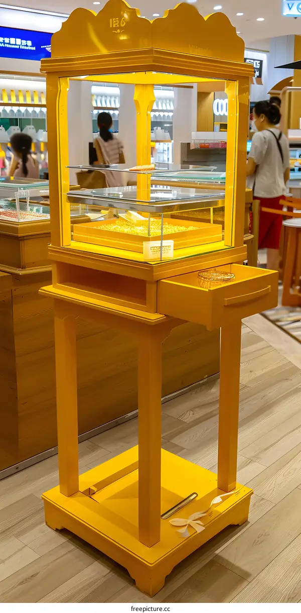 Yellow Wooden Display Stand with Glass Shelves and Drawer in a Jewelry Store