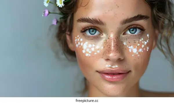 Close up portrait of a beautiful young woman with freckles on her face