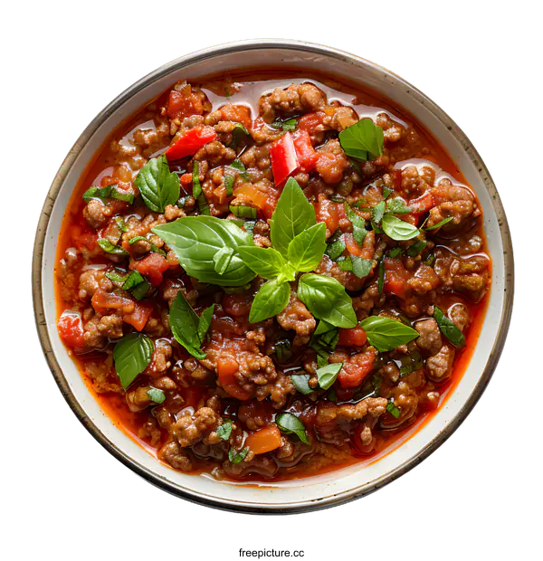 [Transparent Background PNG]A bowl of delicious bolognese sauce with basil