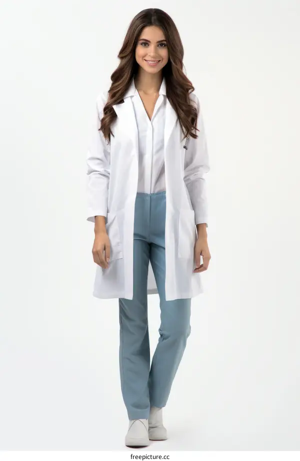 A female doctor in a white lab coat and blue scrubs