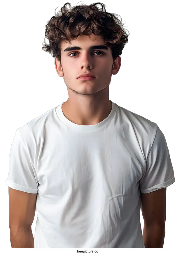 [Transparent Background PNG]Portrait of a young man with brown hair and light brown eyes wearing a white t-shirt