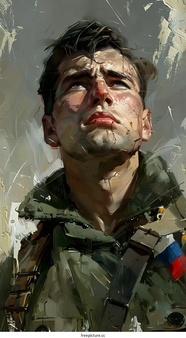 Portrait of a Man Looking Upwards in a Military Uniform