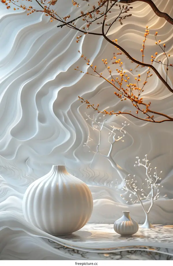 Elegant White Vase Display Against Abstract Wall Decor