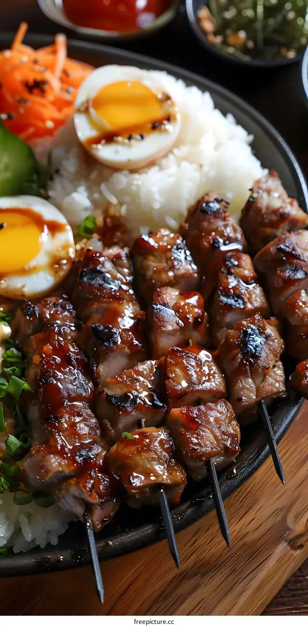 A plate of delicious Japanese food with rice, eggs and meat skewers.