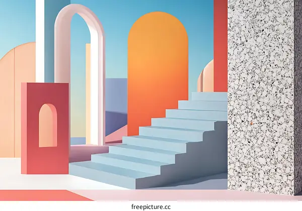 Abstract 3D Illustration of a Staircase with Geometric Shapes and Arches