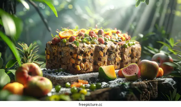 Close-up of a cake decorated with various kinds of fruit