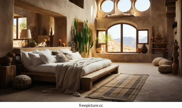 Earthen interior design bedroom with large windows