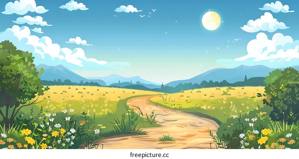 Beautiful Nature Landscape With Road Through Green Meadow And Blue Mountains Under Sunny Sky