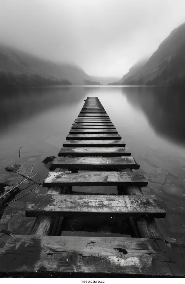 Wooden dock extending into calm lake with mountain backdrop