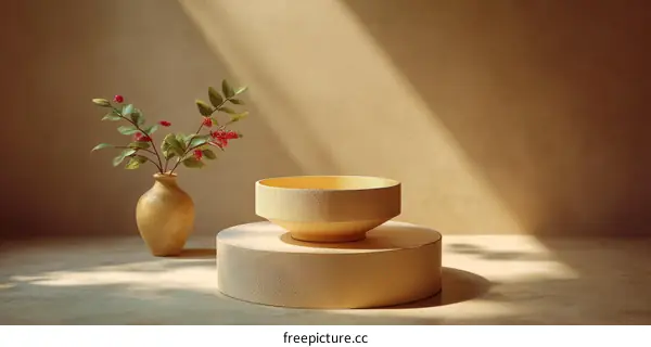 Warm Beige Minimalist Still Life with Vase and Bowl