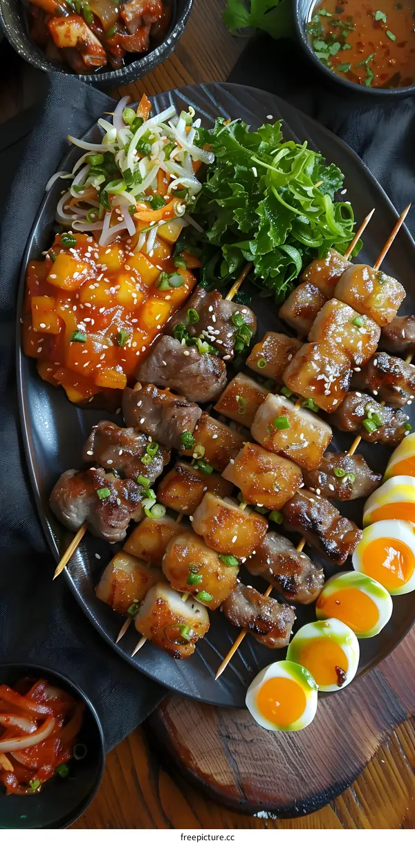 Korean BBQ pork skewers with kimchi and pickled vegetables