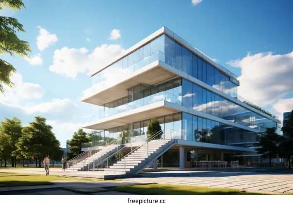 Modern Glass Office Building with People Outside