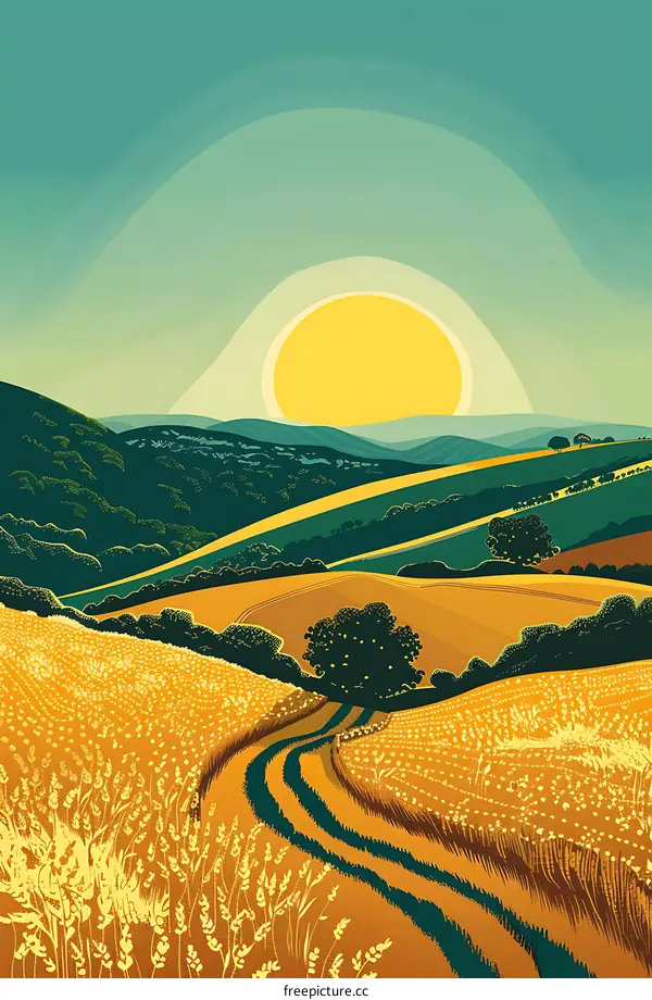 Vintage Illustration of a Rural Landscape with a Winding Path and a Setting Sun