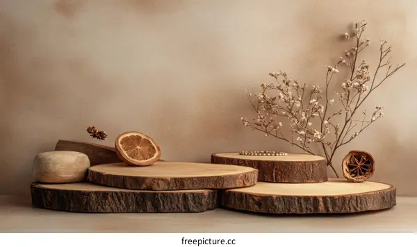 Rustic Wooden Display Platform with Dried Botanicals