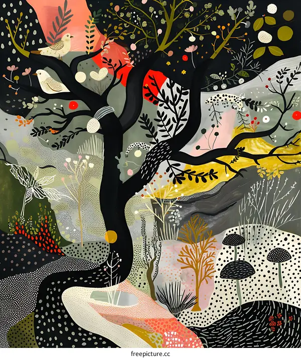 Abstract Forest Illustration with Black Tree and Birds