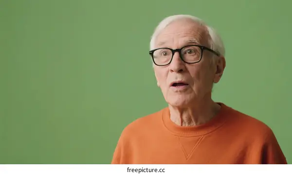Elderly man wearing orange sweater with surprised expression