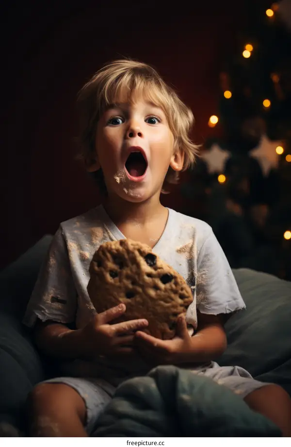 Little boy eating a giant chocolate chip cookie
