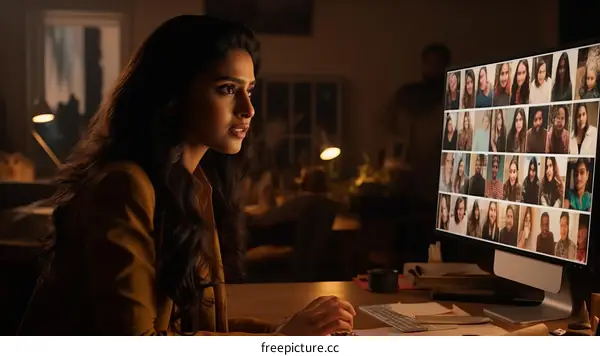 Indian woman in a yellow sweater looking at a computer screen with a video call