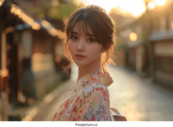 Asian Girl in Traditional Japanese Kimono