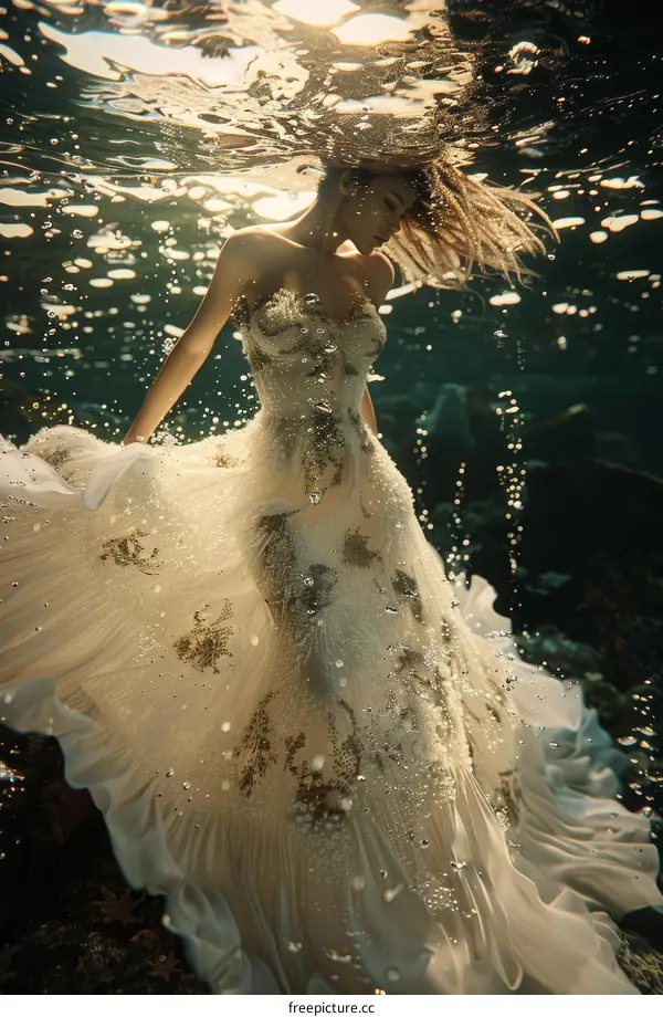 An Underwater Dream: A Woman in a White Dress Swims Gracefully in the Depths of the Ocean