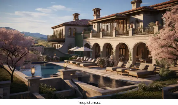 A luxurious mansion with a pool and a beautiful view