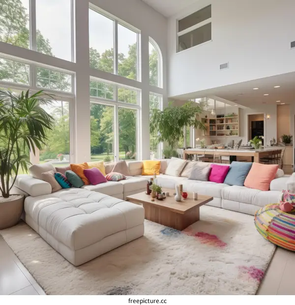 A bright and airy living room with a large sectional sofa and a coffee table.