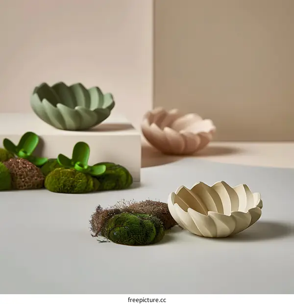 White Ceramic Bowl with Green Moss Decoration