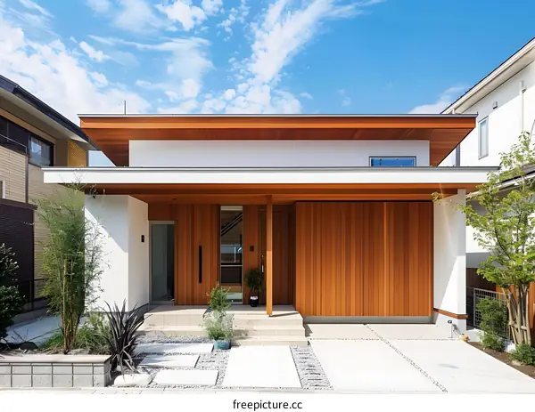 Modern Minimalist House Exterior With Wooden Walls And Front Door