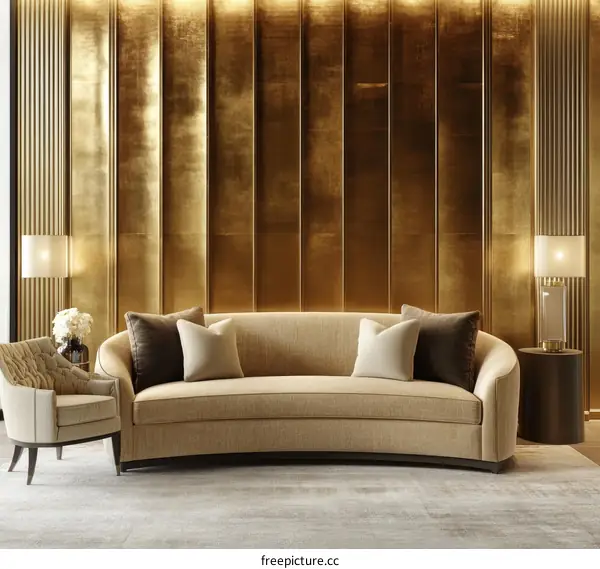 Modern Luxurious Curved Sofa in a Gold-Paneled Room
