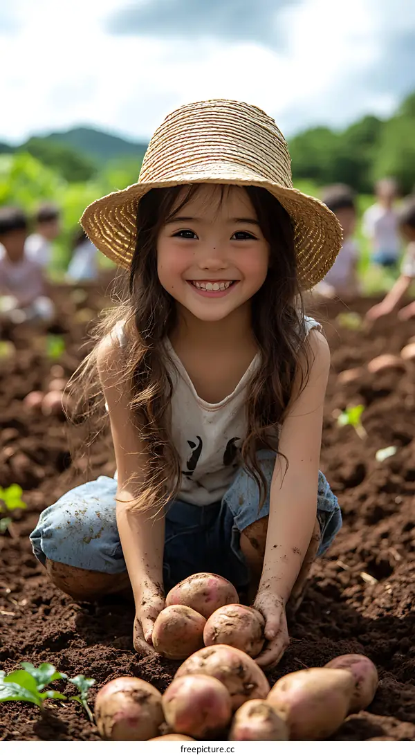 A Girl Picking Potatoes in a Farm Field