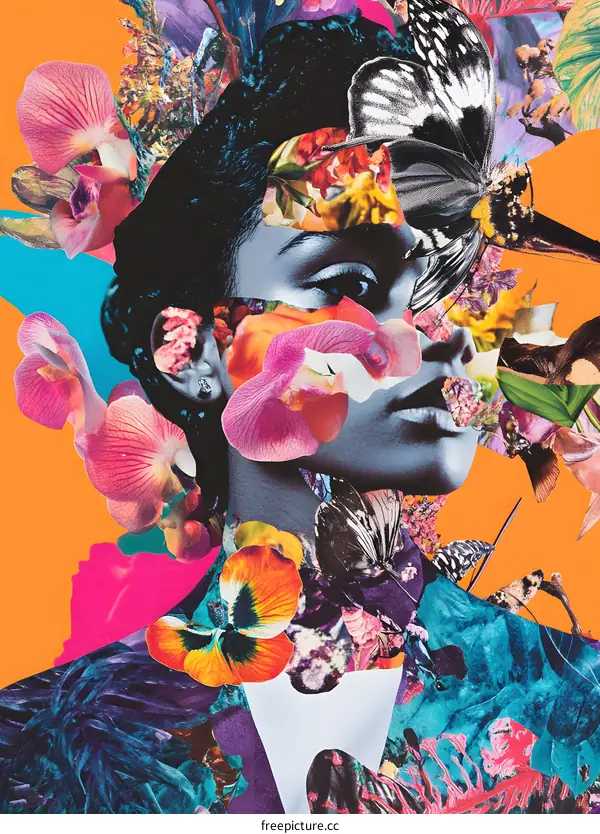 Woman Collage Art With Flowers and Butterflies
